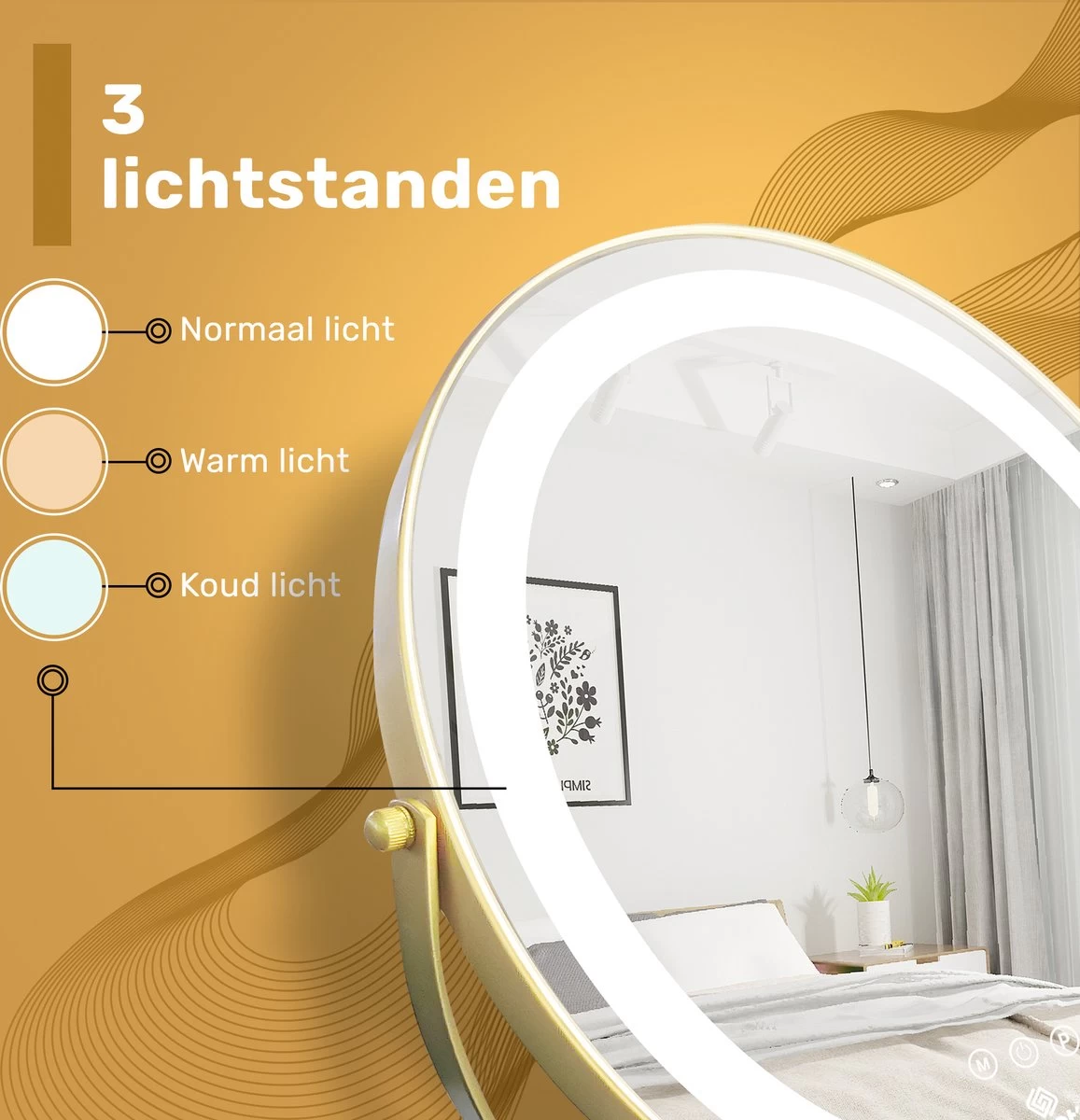 Great's® Make Up Spiegel Met LED Verlichting - ⌀ 40cm - Visagie Spiegel Rond - Extra Close Up Spiegeltje 10x - Goud - Afbeelding 3