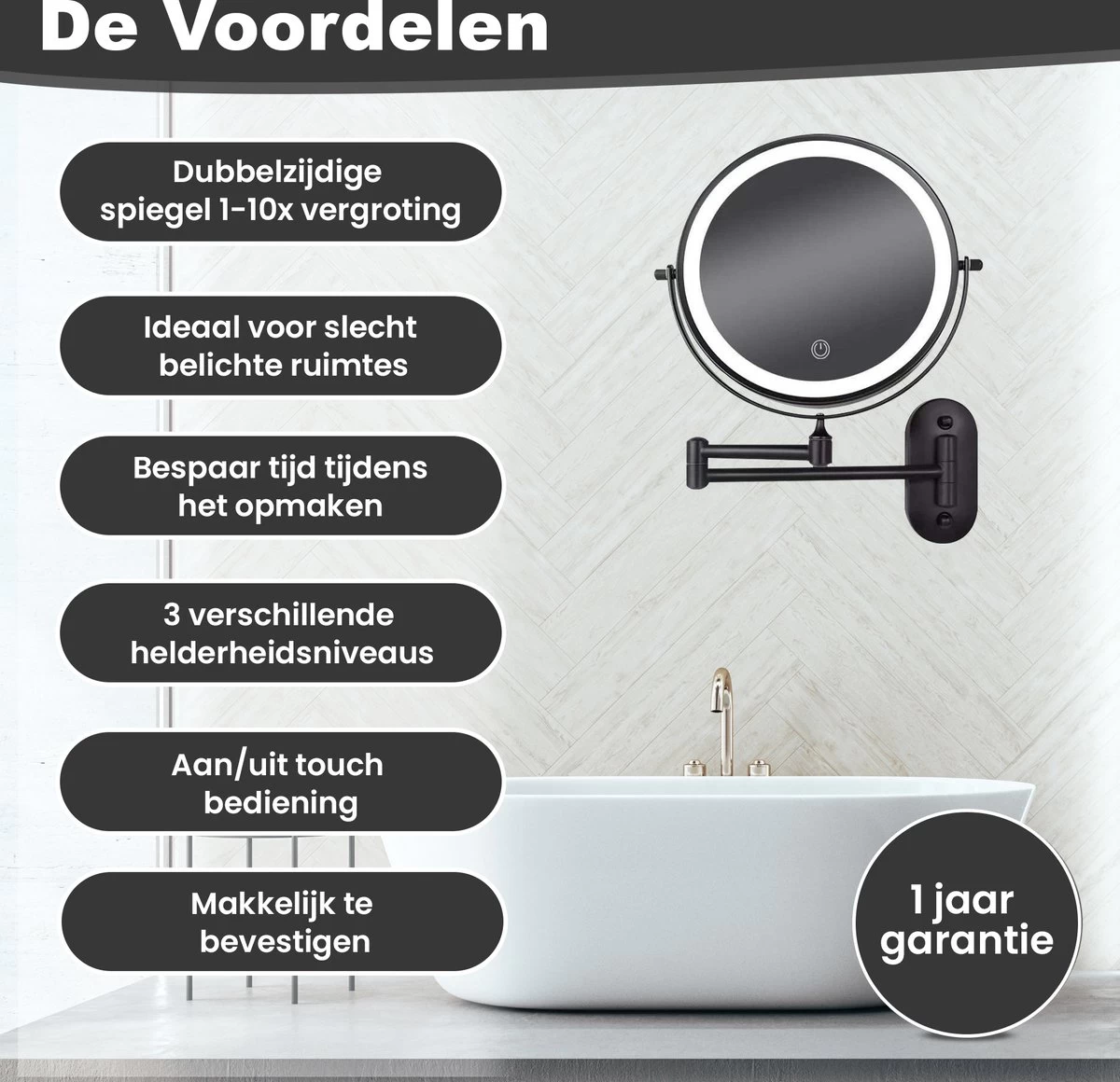 Make Up - Spiegel - Led Verlichting - 10X Vergroting - 3 Lichtstanden - Wandspiegel Rond - Badkamer - Mat Zwart - Draadloos - Afbeelding 7