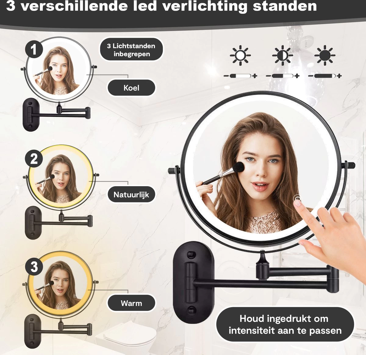 Make Up - Spiegel - Led Verlichting - 10X Vergroting - 3 Lichtstanden - Wandspiegel Rond - Badkamer - Mat Zwart - Draadloos - Afbeelding 2