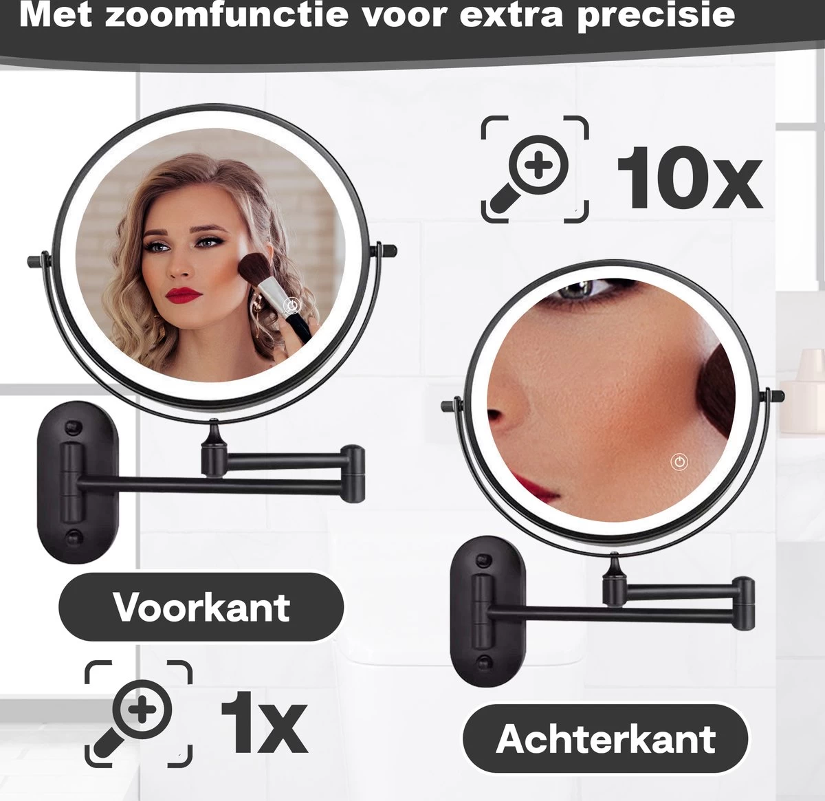 Make Up - Spiegel - Led Verlichting - 10X Vergroting - 3 Lichtstanden - Wandspiegel Rond - Badkamer - Mat Zwart - Draadloos - Afbeelding 10