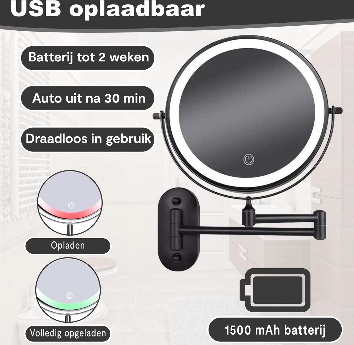 Make Up - Spiegel - Led Verlichting - 10X Vergroting - 3 Lichtstanden - Wandspiegel Rond - Badkamer - Mat Zwart - Draadloos - Afbeelding 4