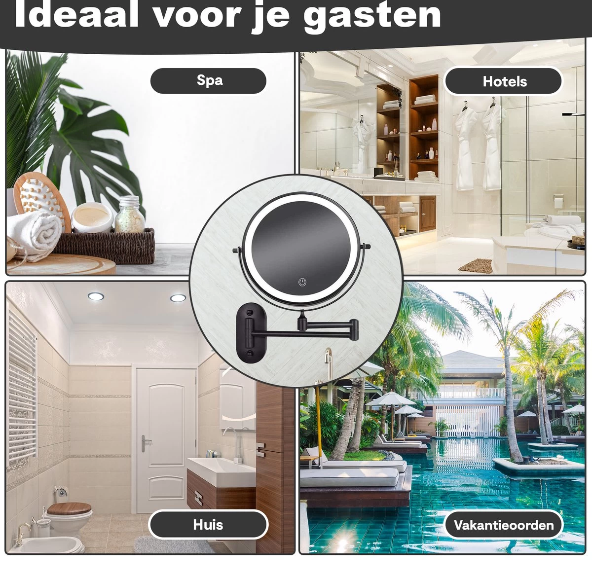 Make Up - Spiegel - Led Verlichting - 10X Vergroting - 3 Lichtstanden - Wandspiegel Rond - Badkamer - Mat Zwart - Draadloos - Afbeelding 9