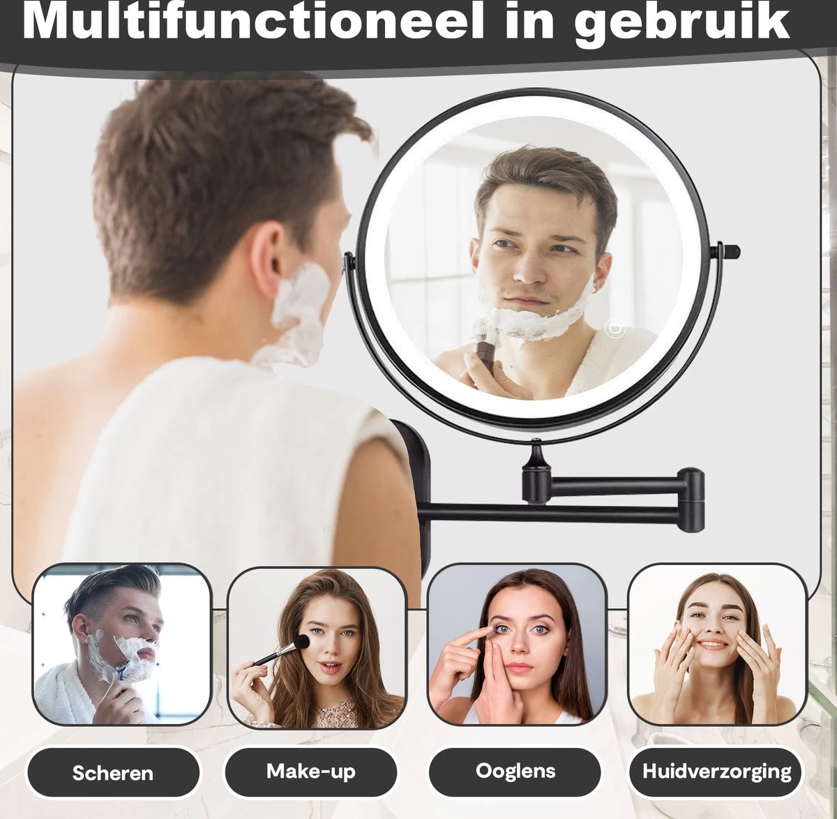 Make Up - Spiegel - Led Verlichting - 10X Vergroting - 3 Lichtstanden - Wandspiegel Rond - Badkamer - Mat Zwart - Draadloos - Afbeelding 3