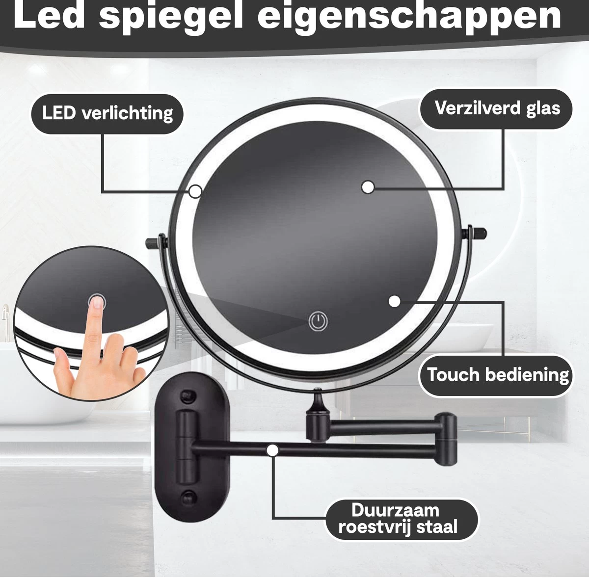 Make Up - Spiegel - Led Verlichting - 10X Vergroting - 3 Lichtstanden - Wandspiegel Rond - Badkamer - Mat Zwart - Draadloos - Afbeelding 5