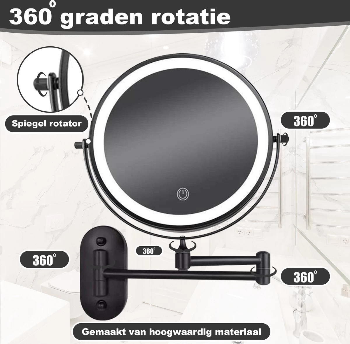 Make Up - Spiegel - Led Verlichting - 10X Vergroting - 3 Lichtstanden - Wandspiegel Rond - Badkamer - Mat Zwart - Draadloos - Afbeelding 6