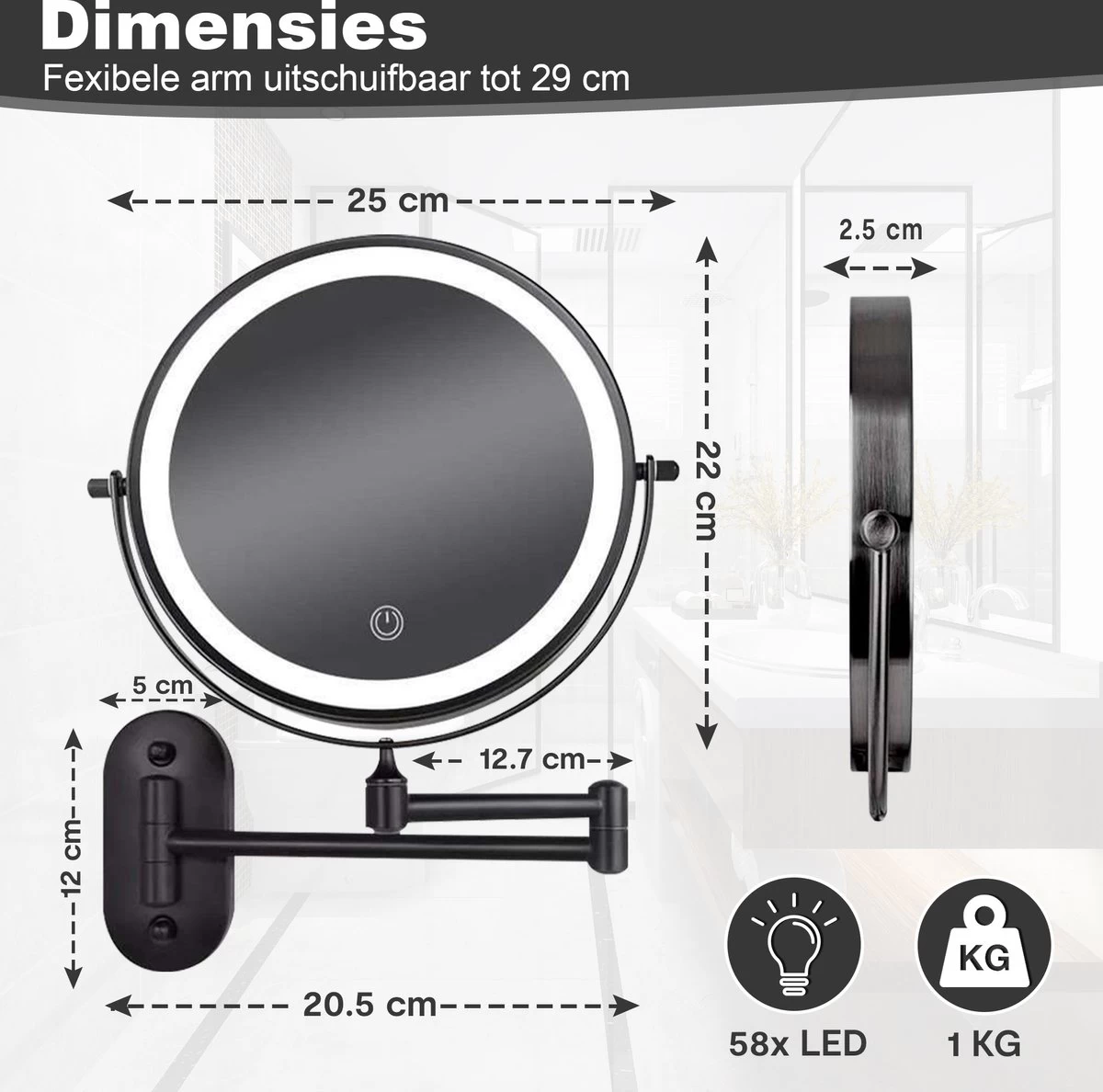 Make Up - Spiegel - Led Verlichting - 10X Vergroting - 3 Lichtstanden - Wandspiegel Rond - Badkamer - Mat Zwart - Draadloos - Afbeelding 8