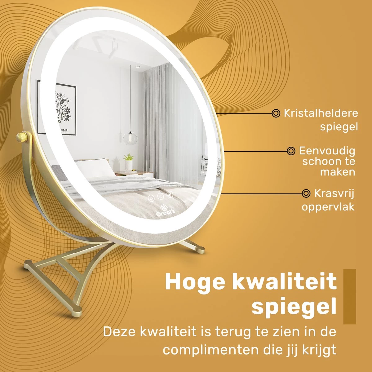 Great's® Make Up Spiegel Met LED Verlichting - ⌀ 40cm - Visagie Spiegel Rond - Extra Close Up Spiegeltje 10x - Goud - Afbeelding 5