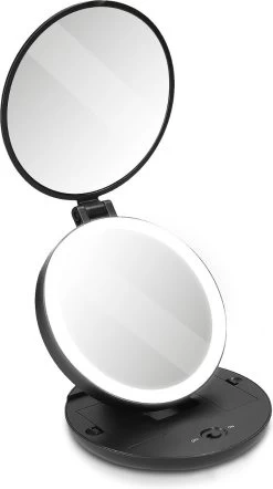 Navaris 1x/5x Vergrotende Make-up Spiegel - Compacte Opvouwbare Kap- En Reisspiegel - Led-verlichte Dubbelzijdige Make-upspiegel - Zwart